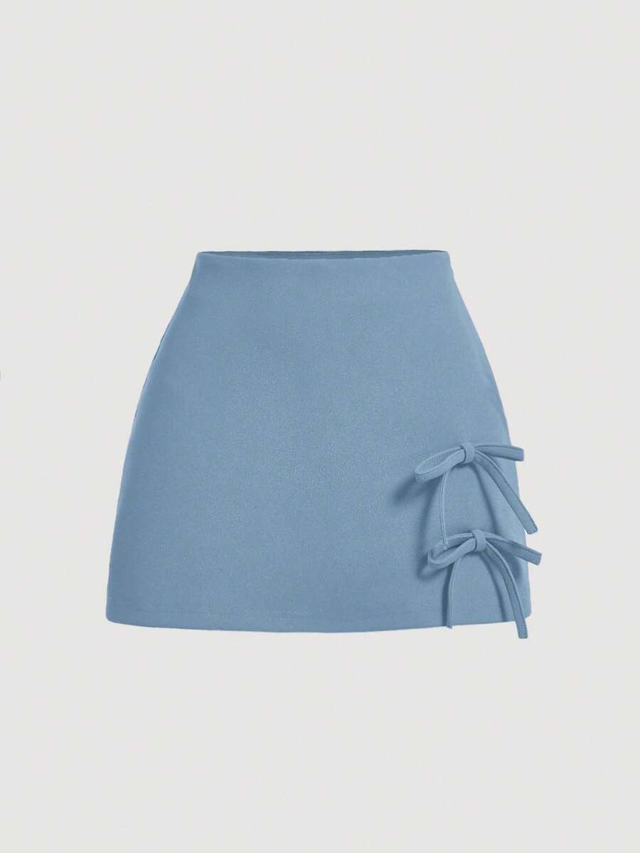 SHEIN MOD Váy quần đỏ thắt nơ cho nữ, quần short đỏ mùa hè, quần short dễ thương - Màu xanh nhạt - Xem 1