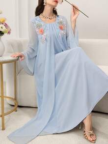 Yasmyna 3D Beaded Collar Floral 2 In 1 Blue Arabic Maxi Dress - Blue - View 9
