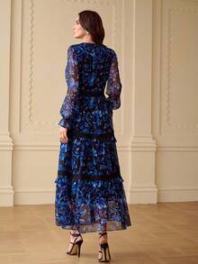 ZEYLAH Floral Print Patchwork Lace Romantic Women Dress, Autumn/Winter - Blue - View 3