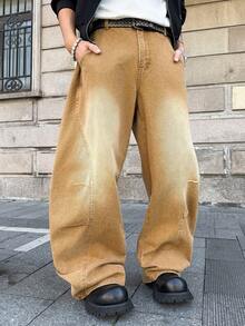 Manfinity EMRG Men's Casual Everyday Washed Slant Pocket Loose Wide-Leg Jeans - Yellow - View 4