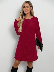 EMERY ROSE 女士时尚通勤闪亮迷你连衣裙 - 酒紅色 - 查看 4