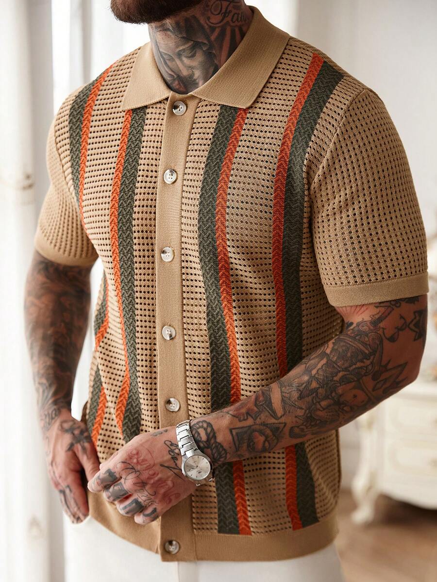 Manfinity Homme Men's Striped Short Sleeve Single-Breasted Casual Lightweight Cardigan - Multicolor - View 1