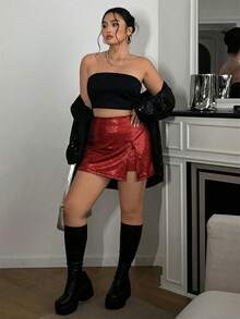 SHEIN EZwear 亮片环氧树脂不对称下摆加大码女式派对短裙，酒红色 - 酒紅色 - 查看 6