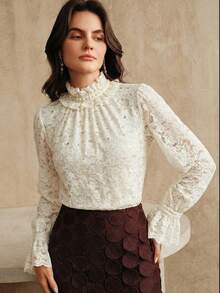 Anewsta 优雅蕾丝花朵串珠荷叶边高领喇叭袖女式衬衫 - 杏色 - 查看 3