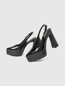 Sugerpunk Women's Sexy Thick Heel 12cm High Heel Sandals PU Material Summer Daily Wear Versatile Fashion Pointed Black Thick Sole Waterproof Table High Heels Valentine's Day - Black 4 - View 3