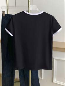 Franclia Women's Color Block Letter Print Short Sleeve Casual Round Neck T-Shirt - Black - View 2