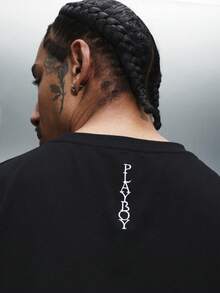 PLAYBOY X SUMWON Kaos Essentials Lengan Pendek Model Crop, Kerah Bulat, Potongan Longgar, Campuran Katun, Kasual Dasar untuk Musim Panas dan Semi, Pakaian Sehari-hari, Nyaman, dengan Logo. - Hitam - View 8