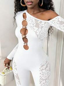 BamGleam Women's Cutout Shoulder Long Sleeve Jumpsuit Jumpsuit, Sexy And Tight-Fitting - White - View 4