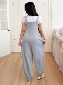 SHEIN EZwear Plus Size Grey Elastic Fleece Ribbed Bib Pants, Autumn/Winter - Grey - View 2