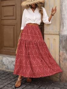 Brillora Women's Elegant Fashion Romantic Vacation Casual Elastic Waist Multi-Layer Retro Printed Skirt, Spring/Summer, Bohemian Skirt - Red - View 6
