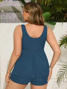 SHEIN Swim Curve 大码女式罗纹面料蝴蝶结装饰荷叶边上衣和方腿泳裤优雅泳装套装 - 霧霾藍 - 查看 2