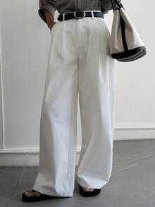 Livesso Quần dài nữ cạp cao bằng cotton, màu trắng trơn, thích hợp cho công sở và các dịp trang trọng. - trắng - Xem 5