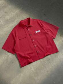 Manfinity Unisex 男士字母刺绣短袖单排扣休闲条纹衬衫 - 紅色 - 查看 5