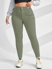SHEIN CURVE+ 大码女式牛仔休闲黑色弹力紧身七分裤，套装 - 軍綠色 - 查看 6