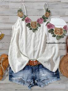 Linhara Áo ba lỗ thêu hoa thanh lịch lãng mạn cỡ lớn cho phụ nữ cổ chữ V bó sát ngày lễ - trắng - Xem 1