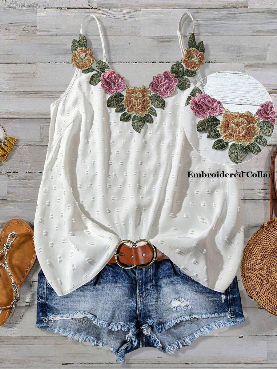 Linhara Áo ba lỗ thêu hoa thanh lịch lãng mạn cỡ lớn cho phụ nữ cổ chữ V bó sát ngày lễ - trắng - Xem 1