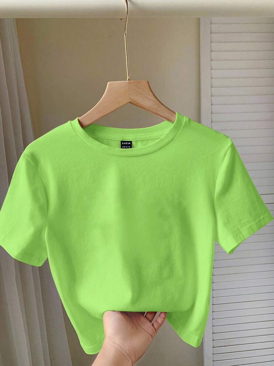 SHEIN EZwear Casual Round Neck Short Sleeve Fitted Women T-Shirt, Green Floral Print Pattern, Suitable For Summer Neon Green Top Cropped Tees - Green - View 1