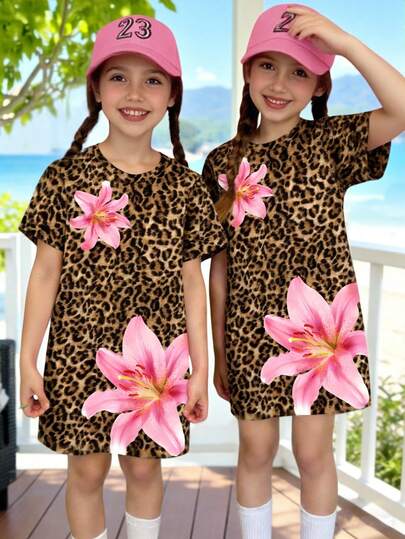 春夏秋季女童休闲时尚创意个性清新简约豹纹百合花印花舒适短袖T恤裙，温暖舒适的夏秋款式，适合春夏秋季穿着。