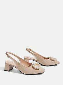 CUCCOO TILAWA Floral Rhinestone Square Buckle Square Toe Commuter Versatile Low Vamp High Heel Hollow Out Sandals, Women's Fashion Shoes - Apricot - View 4