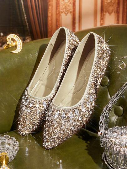 CUCCOO TILAWA Women's Fashionable Pointed Toe Flats With Rhinestones, Luxury Silver Color, Comfortable Casual Everyday Wear For Christmas Valentine's Day