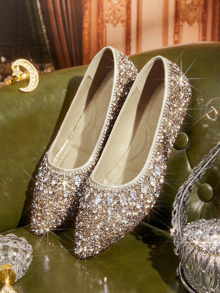 CUCCOO TILAWA Women's Fashionable Pointed Toe Flats With Rhinestones, Luxury Silver Color, Comfortable Casual Everyday Wear For Christmas Valentine's Day