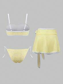 Swim Mod Women's 3 Pieces Swimwear Set,Cute White Contrast Trim Textured Bikini With Beach Skirt,Summer Holiday Pool Party Yellow Bathing Suit,Boho Vacation - Multicolor - View 7