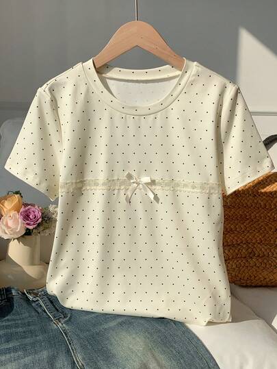 Comfortcana Camiseta casual de mujer con cuello redondo, manga corta y estampado de lunares con decoración de lazo