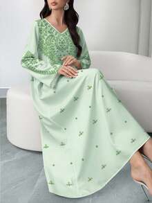 SHEIN Najma Women's Floral Vine Pattern Digital Print V-Neck Long Sleeve Elegant Arabic Style Maxi Dress, Spring - Multicolor - View 4