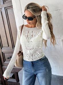 Pariaura Women's Crew Neck Long Sleeve Hollow Out Casual Versatile Sweater - White - View 1