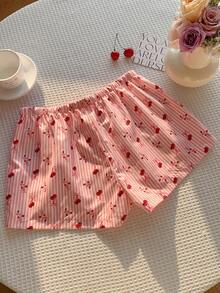 Comfortcana Quần short nữ kiểu dáng thường ngày kẻ sọc, họa tiết quả anh đào và hoa nhí, thích hợp cho mùa hè. - Hồng - Xem 2