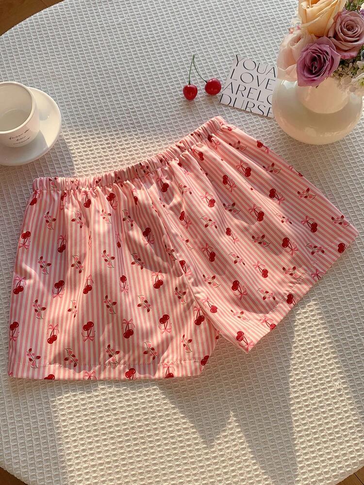 Comfortcana 女士休闲条纹樱桃碎花短裤，夏季 - 粉色 - 查看 2