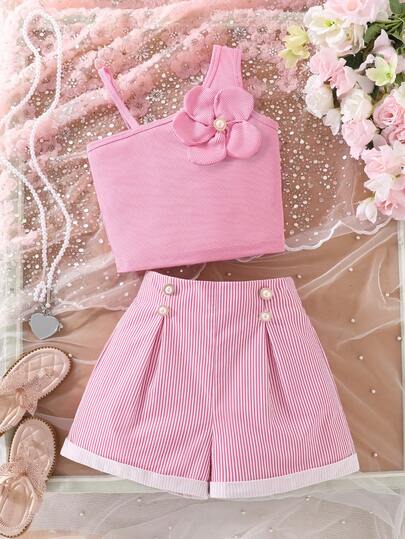 Sparklyn Tween Girl Elegant Pink 3D Flower Decorated Vest + Pink Striped Shorts Set Summer Holiday