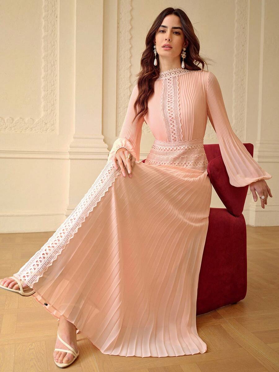 ZEYLAH Elegant Romantic Pleated Lace Patchwork Dress, Spring/Summer - Coral Pink - View 1