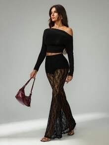 SHEIN Tall Women's Elastic Waist Floral Lace Straight Loose Fashion Pants Bell Bottom Pants See Through Pants Mesh Pants