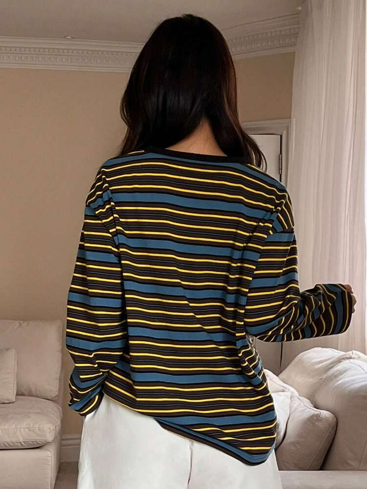 Casual Striped Half-Zip Loose Top & Solid Color Shorts Women Pajama Set