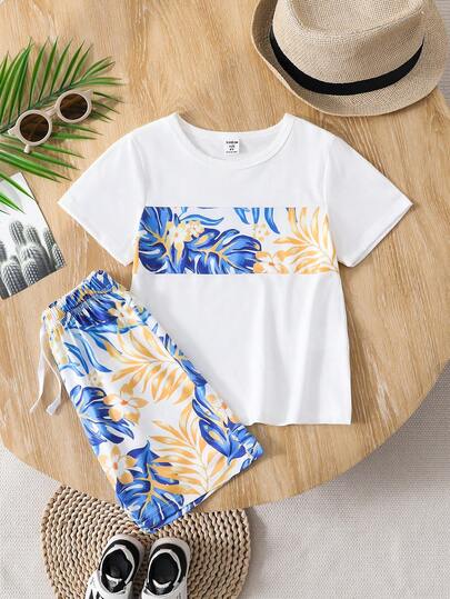 SHEIN 2pcs/Set Young Boy Casual Coconut Tree Print Short Sleeve Crew Neck T-Shirt And Shorts Set, Suitable For Daily Casual, Vacation, Sports, Outdoor, Summer