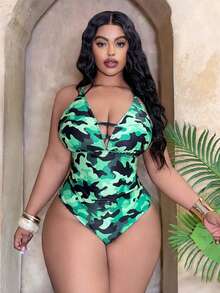 Slaydiva 大码女式随机印花镂空挂脖连体泳衣 - 軍綠色 - 查看 5