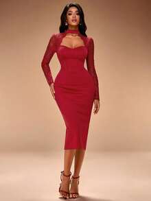 Radiana 女士性感优雅红色蕾丝拼接长袖紧身连衣裙，胸部紧身设计，弹力针织面料贴合身形，凸显身材，适合约会、聚会、派对、日常出行、购物、夜店、下午茶、度假等场合。 - 紅色 - 查看 4