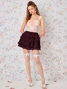 SHEIN MOD Women's Floral Lace Layered Ruffle Hem Short Skirt Ruffled Skirt Layered Skirt Maroon Skirt Burgundy Skirt Frilly Skirt - Burgundy - View 3