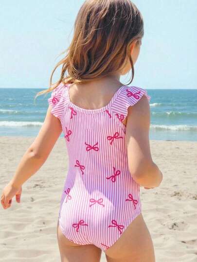 SHEIN Young Girl Striped Bow Decor 3D Flower One-Piece Ruffled Sleeve Swimsuit,Kids