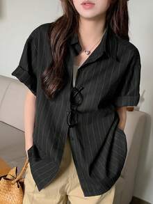 DAZY 女士条纹短袖衬衫，夏季时尚 - 黑色 - 查看 4