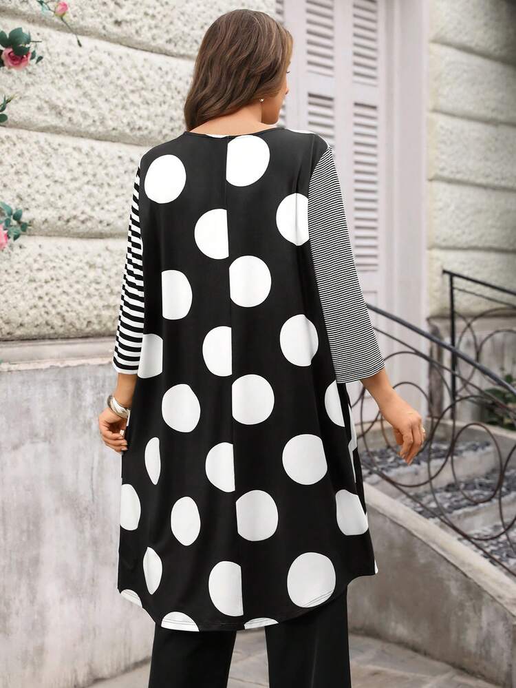 Plus Size Women Round Neck Striped Polka Dot Patchwork Asymmetrical Hem T-Shirt For Summer/ Vacation,Spring Break Long Tops