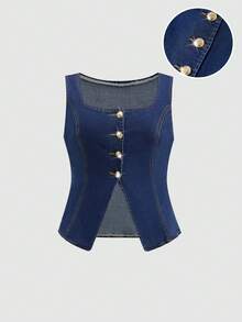 SHEIN MOD Áo sơ mi denim cài nút dáng rộng cho nữ cỡ lớn, áo mùa hè, áo mùa xuân, trang phục lễ hội cho nữ, áo đi biển, áo vest denim không tay dáng rộng, thanh lịch, cổ vuông và cài nút phía trước, áo kiểu dáng thường ngày. - Rửa trung bình - Xem 6