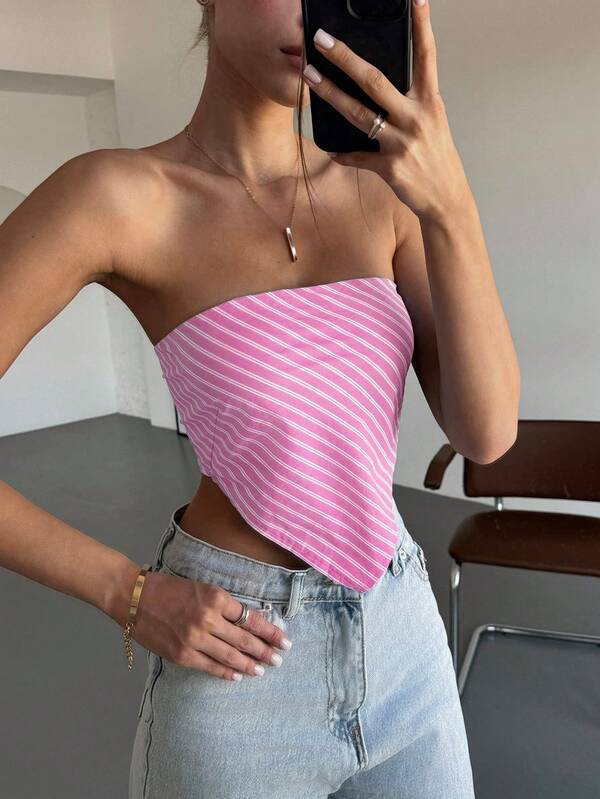 SHEIN EZwear Women's Pink Striped Scarf & Tube Top, Spring/Summer