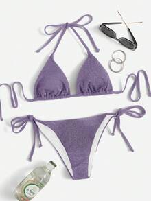 Swim Mod 女士纯色挂脖系带性感比基尼泳装套装，夏季沙滩系带比基尼套装，纹理比基尼套装，度假系带比基尼套装，超迷你比基尼套装，度假比基尼 - 淺灰紫 - 查看 5