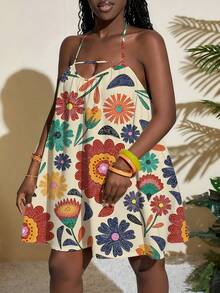 Slaydiva 春夏女士无袖吊带迷你连衣裙/新款音乐节/西部风/波西米亚风/复活节/纳什维尔/生日/毕业/学生日常/休闲百搭/休闲/邮轮/旅行/海滩日光浴/度假/活力花卉无袖吊带迷你连衣裙 - 彩色 - 查看 3