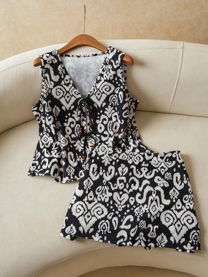 Elaquor 大码女式V领字母印花系带上衣和迷你裙休闲套装