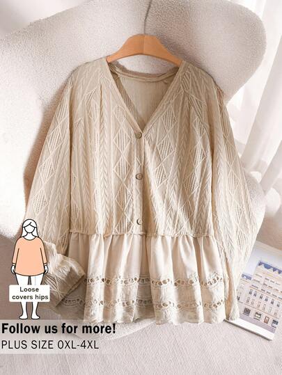 CosyJoli Plus Size Women Floral Lace Trim Casual Long Sleeve Blouse, Cute Ladies Top Blouse Vintage Top Women Spring/Summer Top For Women