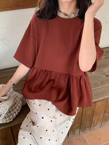 FRIFUL Women's Spring/Summer Splice Contrast Color Pleated Back Collar Tie Bow Neck Loose Casual Versatile Blouse - Red - View 6