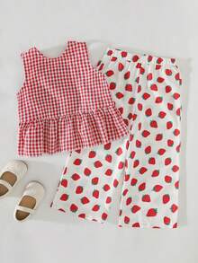 THE HAPPY LOOK Young Girl Red Classic Plaid Ruffle Hem Sleeveless Top With Strawberry Print And Wide Leg Pants 2 Pieces Set - Multicolor - View 2